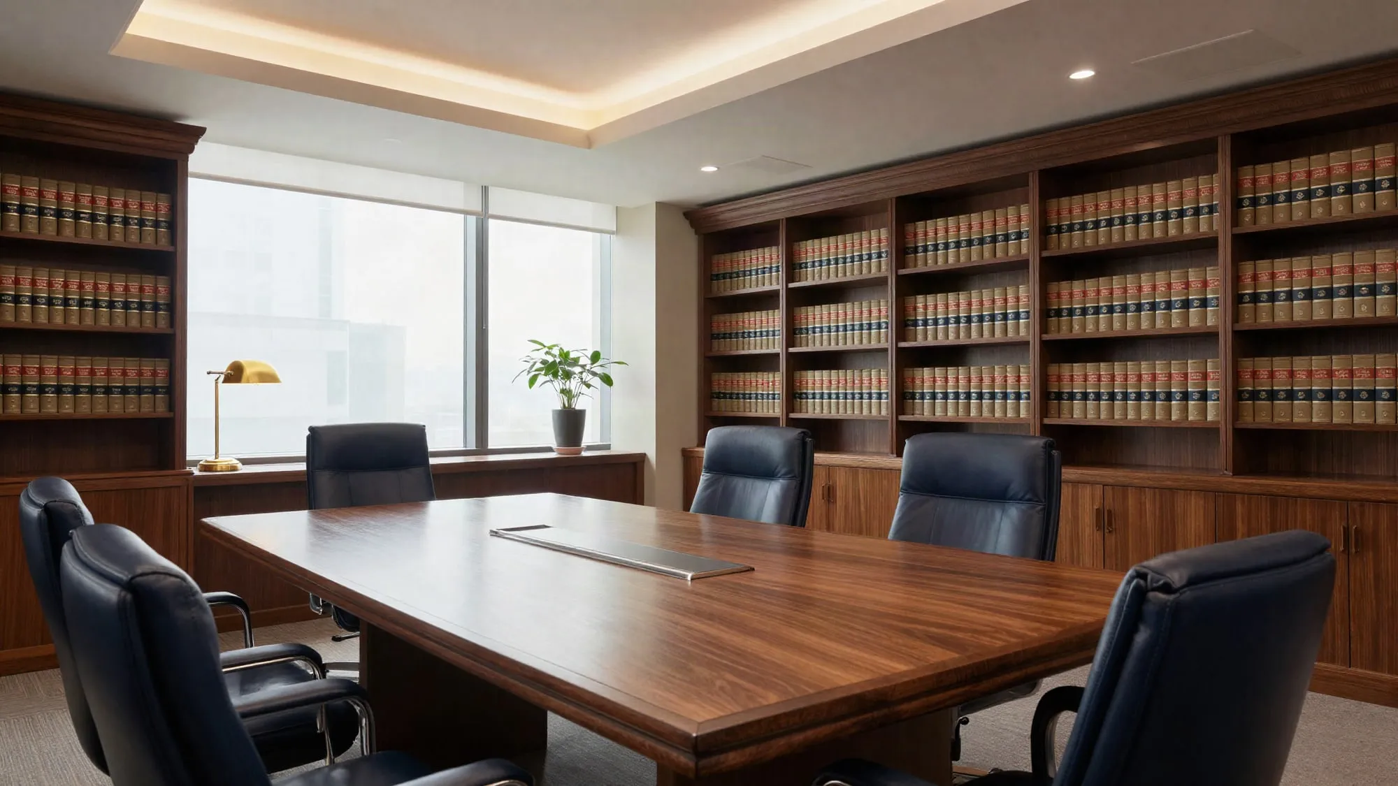Büromuzun ahşap kaplı, kitaplıklarla çevrili toplantı salonu
